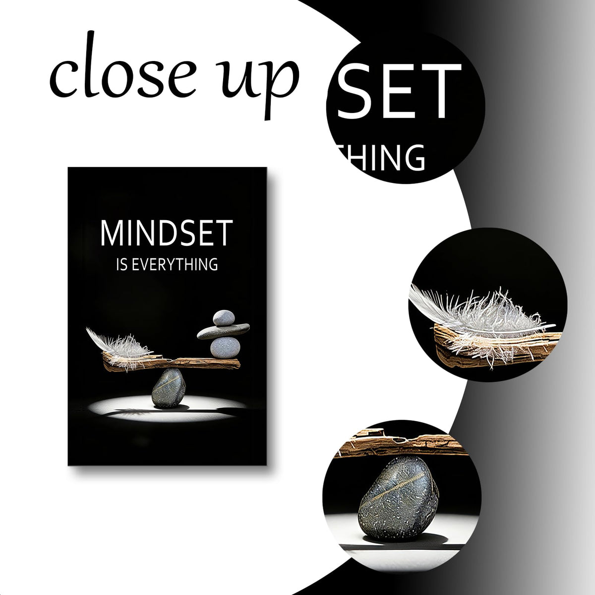 YSPCSUN Mindset Is Everything Wall Art Motivational Quotes Canvas Pictures Large Inspirational Posters For Living Room Framed Zen Balance Stones And Feather Office Decor Artwork 36x24 Inch