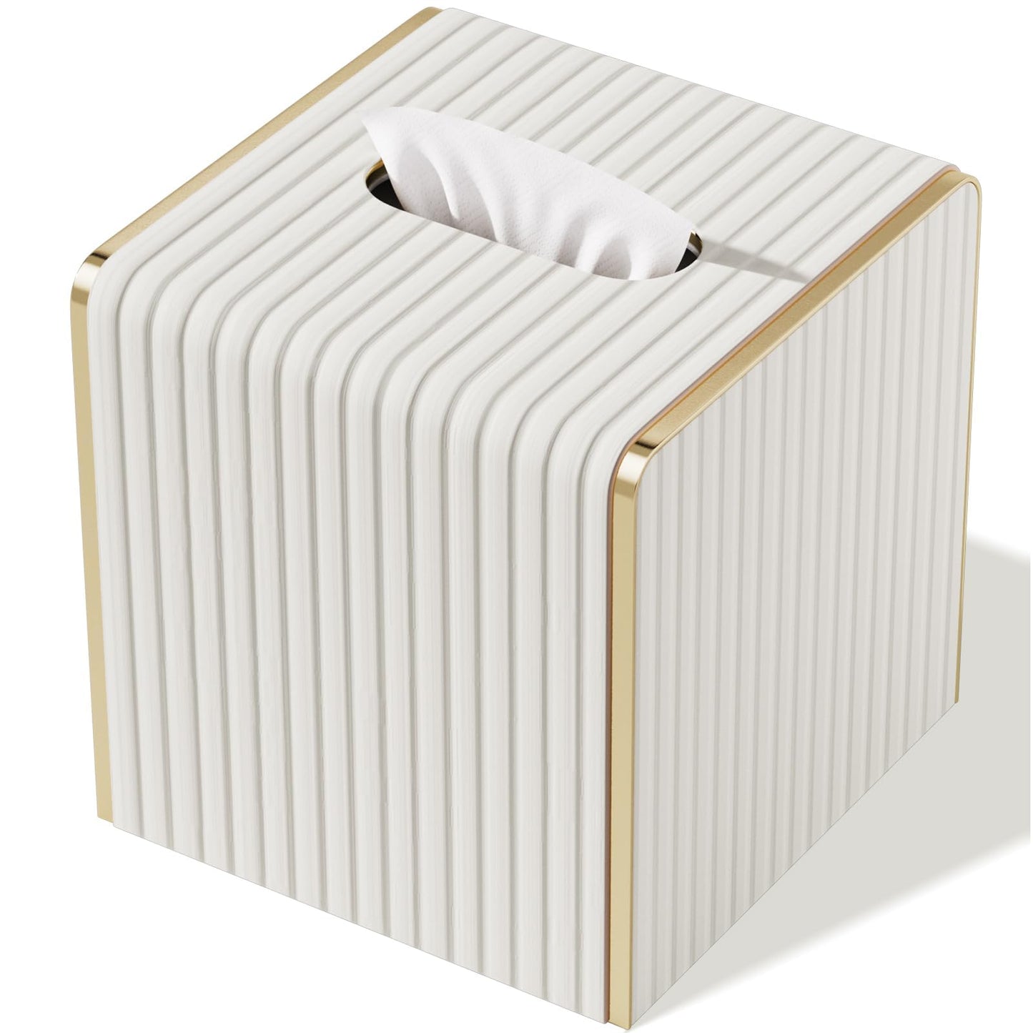 Tissue Box Cover,White Square Leather Tissue Box Holders with Gold-Tone Edging Decoration, Tissue Vessel for Bathroom Toilet Bedroom Living Room Table Desk Office,Modern Home Decor
