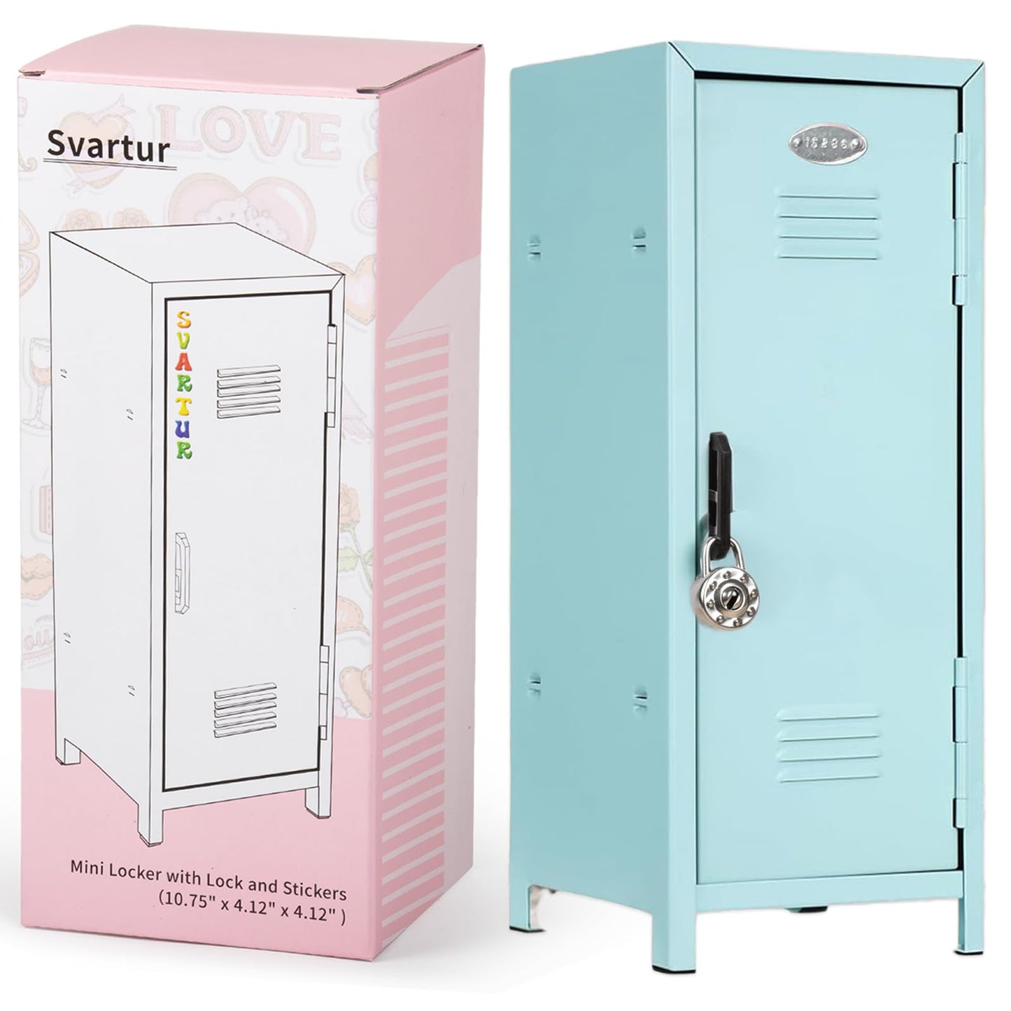 Svartur Mini Locker with Lock & Keys, Stickers, Metal Small Locker for Desktop, Girls Lockbox Desktop Storage Organizer, Money Safe and Cash Lock Box for Girls Safe, Light Blue