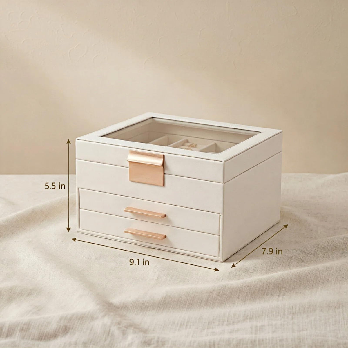 Vandozis Jewelry Box Organizer with Glass Lid, 3-Layer with Double Drawers, Luxury Velvet Lined Desktop Display Case for Earrings Rings Necklaces, Gift for Women Girls (White)
