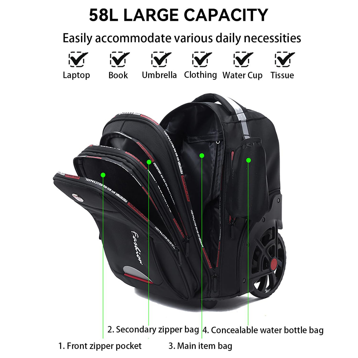 WMHYLYH Waterproof Rolling Backpack for Women and Men, Laptop Backpack with Wheels for Adults, Carry on Backpack with Large Wheels for Travel and Business Commuter (Black, 22inch)