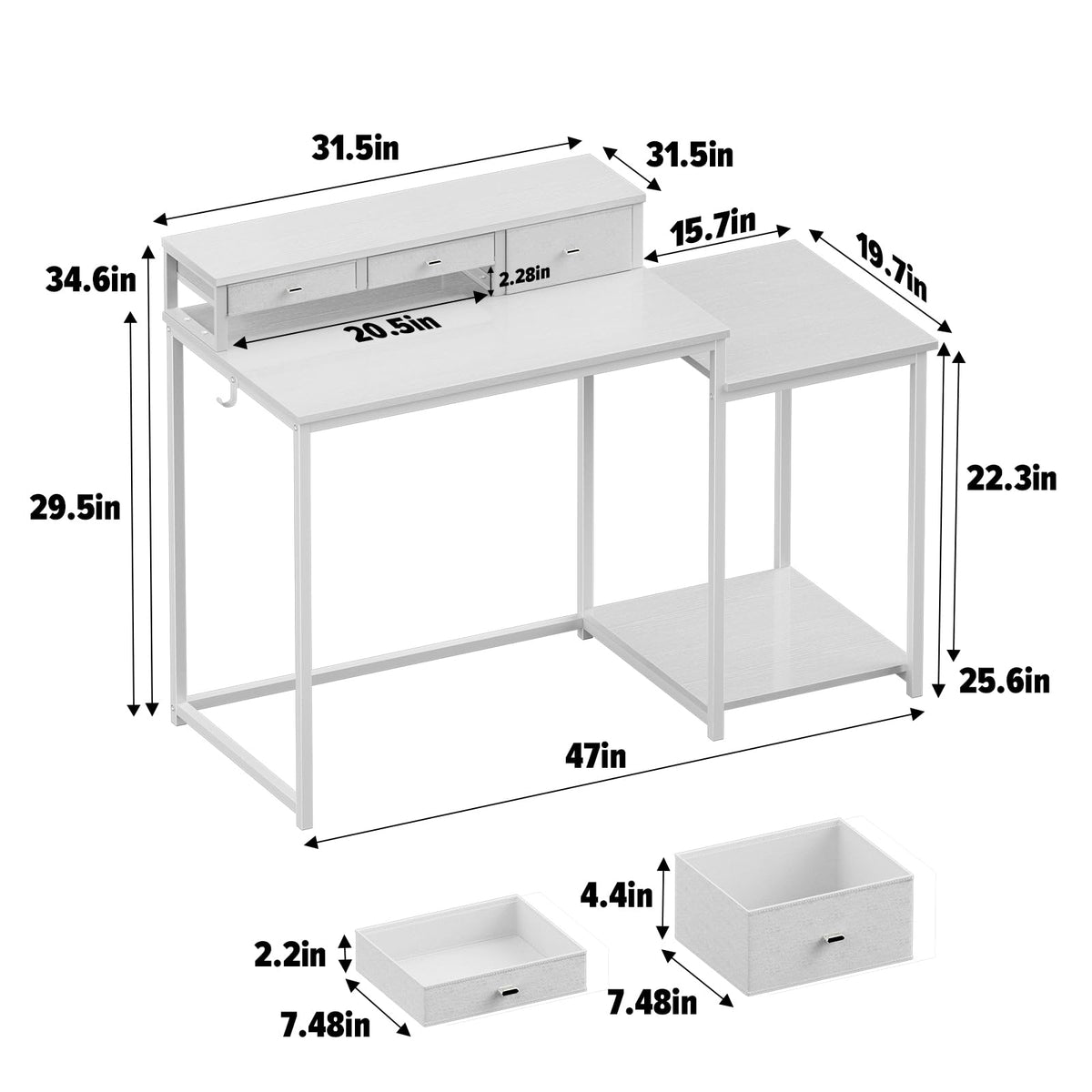 SINPAID 47 inch Computer Desk with Printer Shelf, Gaming Desk with Monitor Stand and Drawers, Reversible Home Office Desk with Storage Shelves and 2 Hooks, Home Workstation for Study Writing, White