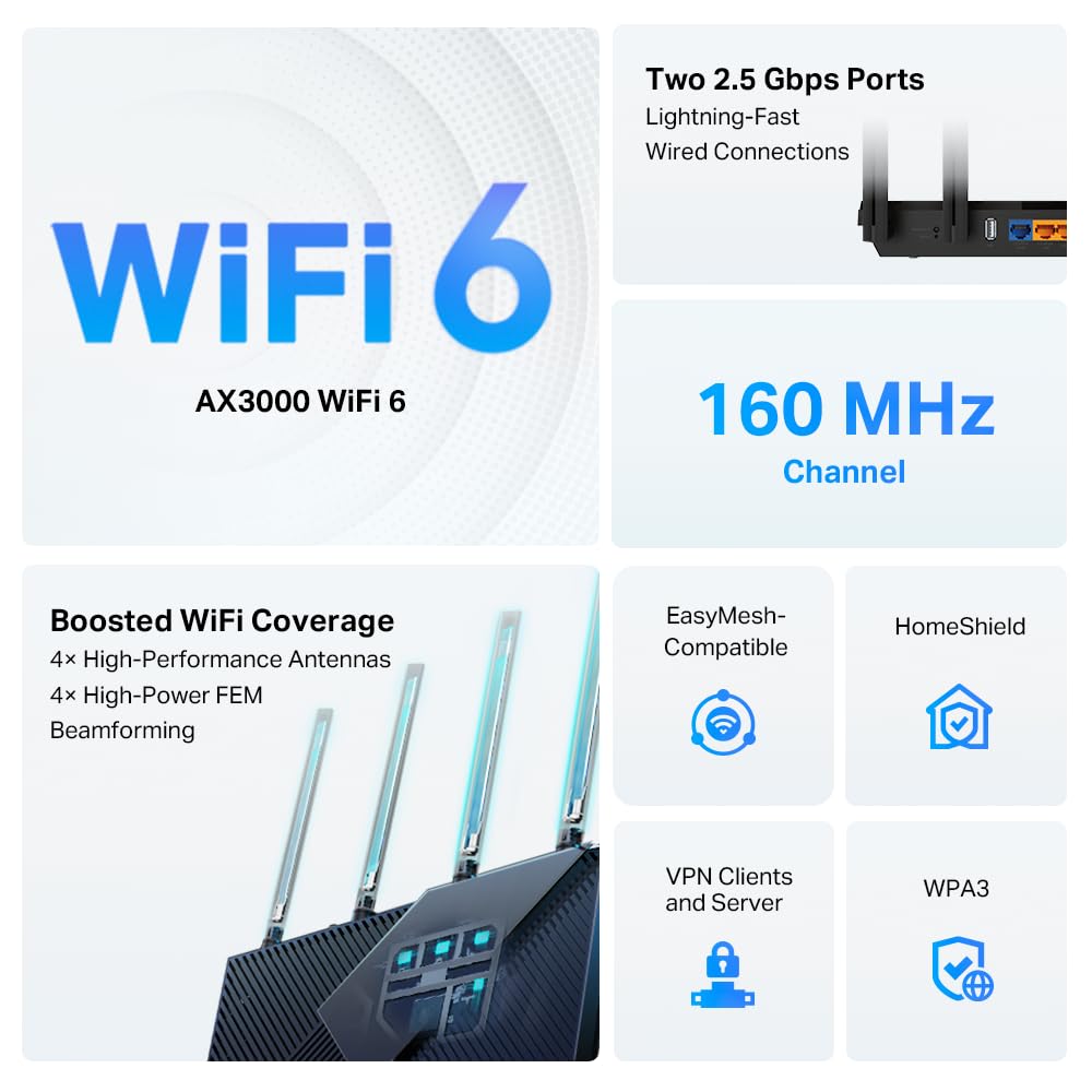 TP-Link AX3000 WiFi 6 Router (Archer AX55 Pro) - Multi Gigabit Wireless Internet, 2 x 2.5 Gbps Ports, Dual Band, VPN Router, OFDMA, MU-MIMO, USB 3.0, WPA3, Compatible with Alexa