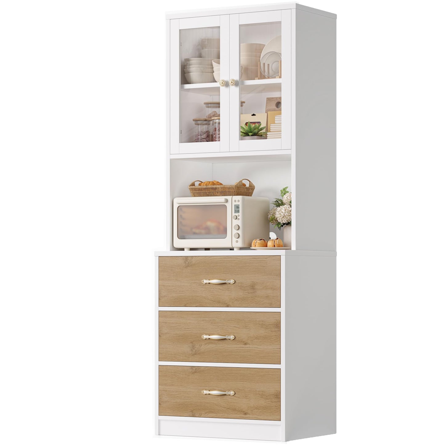 Keyluv 71“ Tall Kitchen Pantry Storage Cabinet with Microwave Stand, Buffet Kitchen Hutch with Shelves and Drawers, Wood Coffee Bar Pantry Cabinet with Glass Doors, for Dining Room/Small Space, Khaki