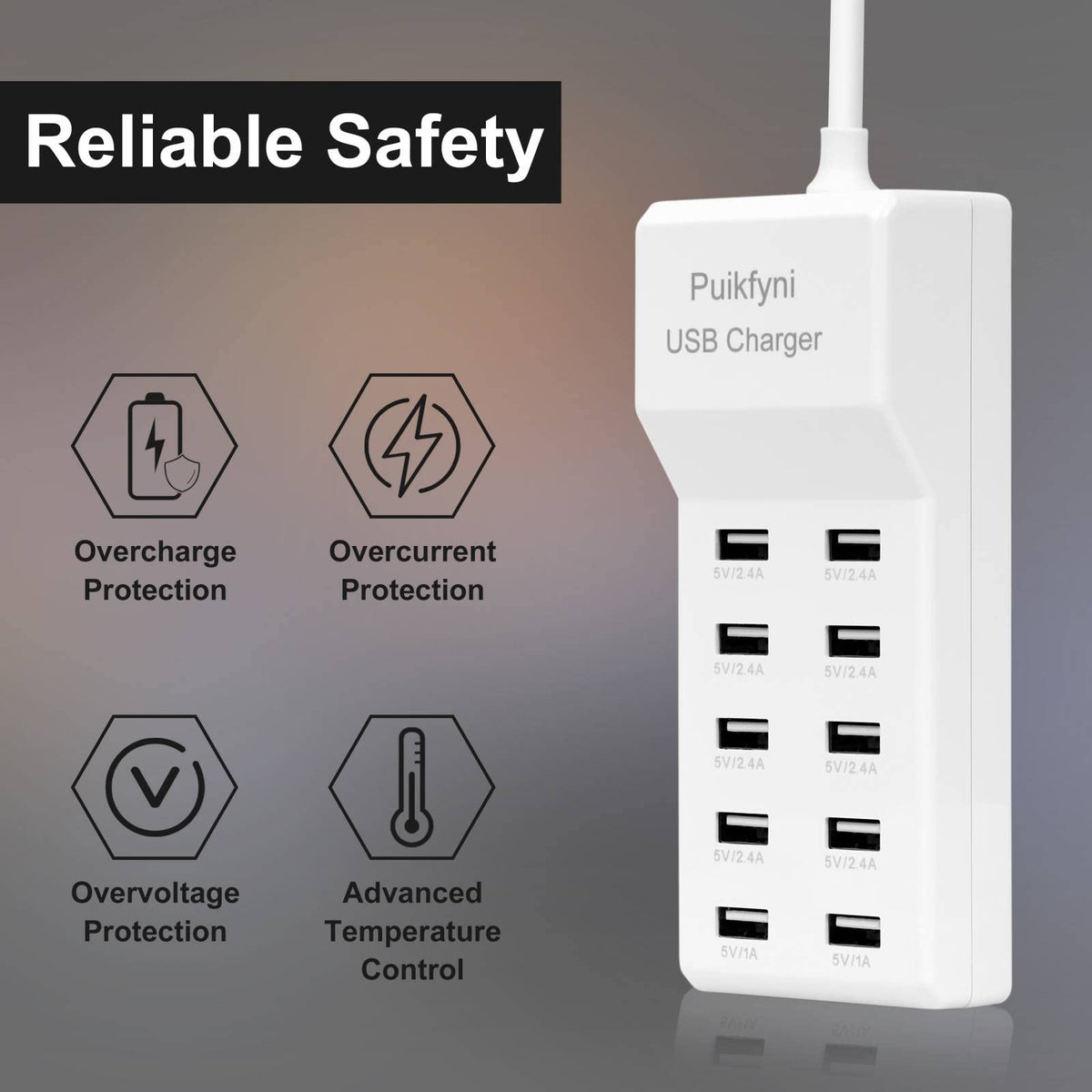 10-A Port USB Charger Station, smart Multiple Charging Block/USB Power Strip for Multiple Devices,Mobile Phones and iPads,Smart Watches Tablets (White)