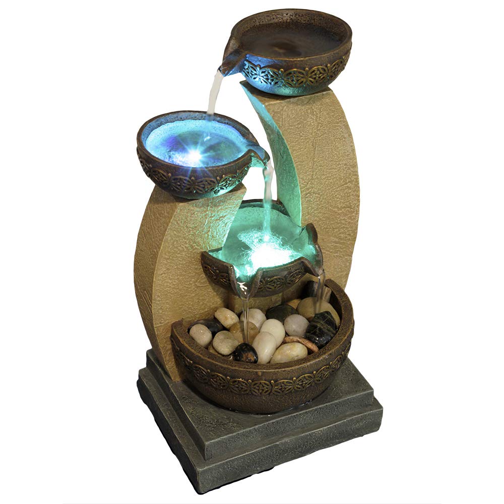 11" H Golden Tiered Bowl Fountain with Color Changing LED Lights with Adapter Brown