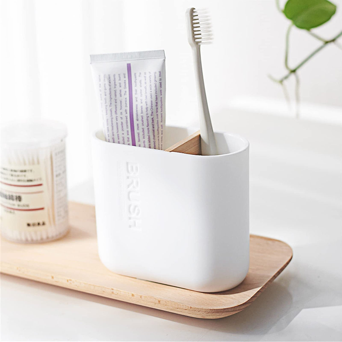 Toothbrush Holders Bamboo Electric Toothbrush Holder Bathroom Storage Organizer Countertop for Toothpaste, Floss, Razor, 2 Pack White