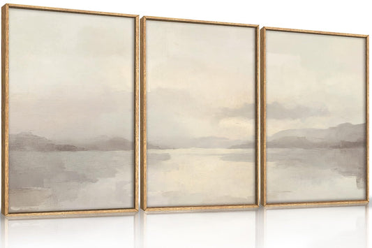 LHIUEM Large Abstract Neutral Beige Pastel Framed Canvas Wall Art,Modern Watercolor Lakes Wall Decor,Nature Mountain Minimalist Artwork for Living Room,Bedroom,Dining Room,Office -16"x24"x3