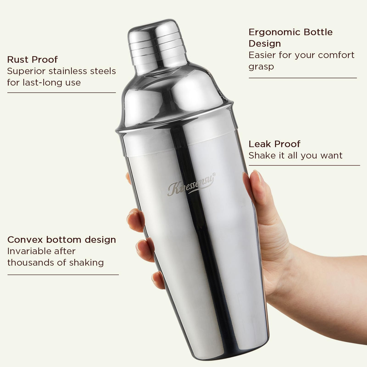 Cocktail Shaker, KITESSENSU 24oz Drink Shaker with Bartender Strainer, Measuring Jigger, Bar Mixing Spoon, Cocktail Recipe Guide, Professional Drink Mixer Set for Beginners, Silver