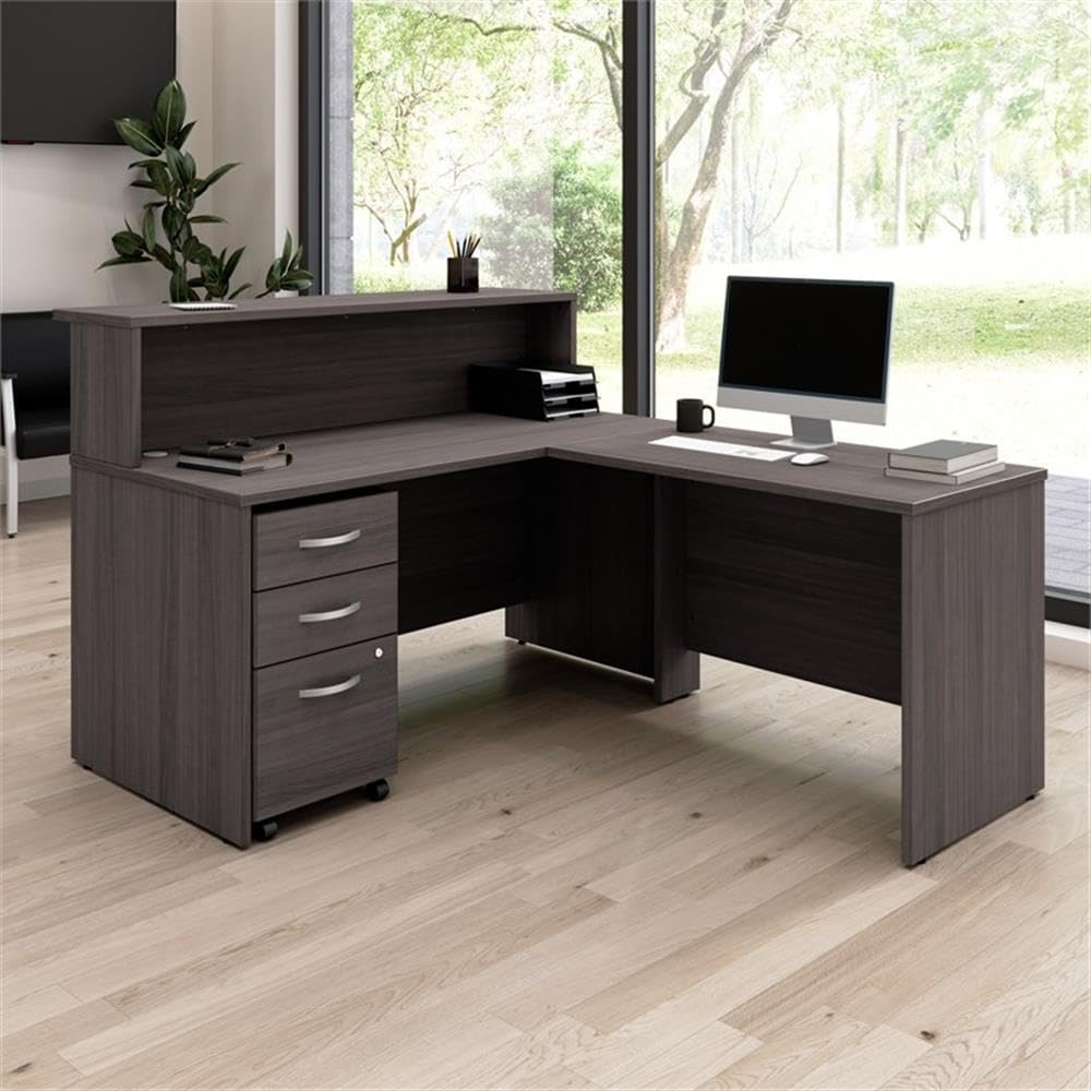 Bush Business Furniture Arrive 60W x 72D L Shaped Reception Desk with Shelf and Mobile File Cabinet in Storm Gray, Modern Receptionist Station for Office Waiting Room