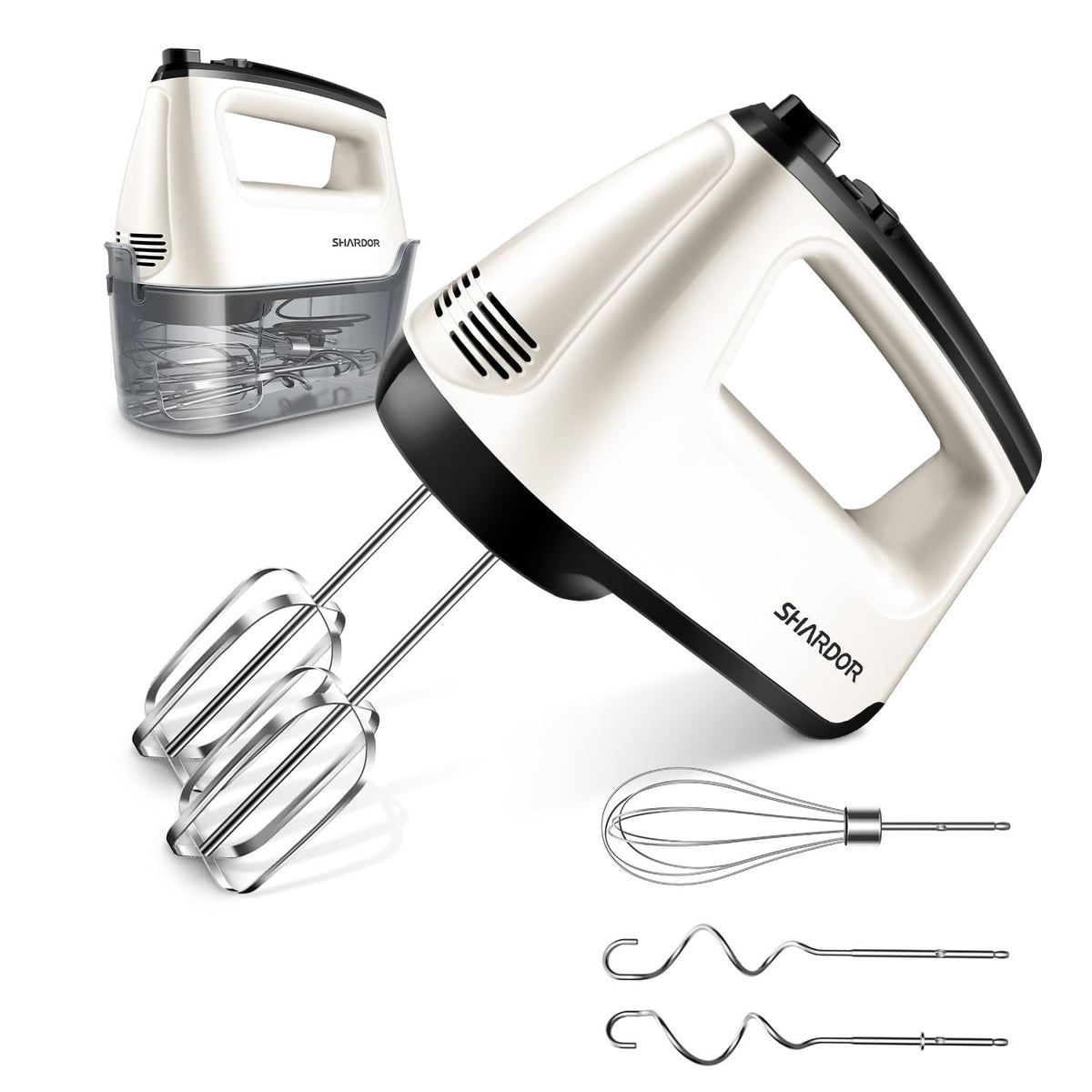 SHARDOR Hand Mixer Electric, 6 Speed & Turbo Mixer Electric Handheld, Snap-On Storage Case,5 Stainless Steel Accessories for Whipping, Mixing Cookies, Brownie, Cakes, Dough Batters, White