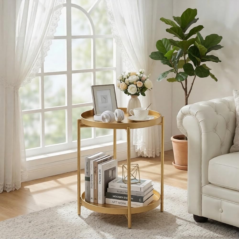 TeoKJ 2 Tier Gold Side Table, Folding Round Metal End Table Small Nightstand with Two Removable Tray for Bedroom Living Room Small Spaces Bedside Gold