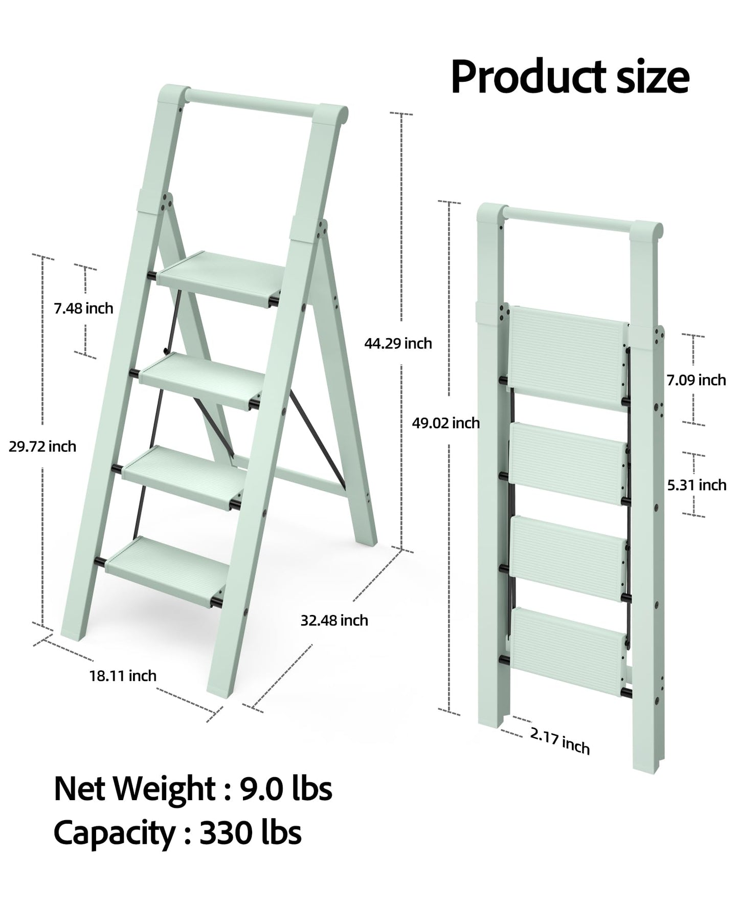 Taranta 4 Step Ladder, Lightweight Aluminum Step Stool with Convenient Handgrip, Folding Ladder with Anti-Slip Pedals, 330lbs Capacity Stepladder for Home, Office, Kitchen - Fairyland Green