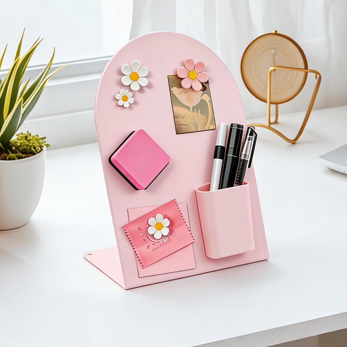 2 Pcs Magnetic Bulletin Board for Tabletops with 4 Flower Magnets, Magnetic Pen Holder, 10x7 Inch Memo Display Easel Stand Photo Display Board, Home School Office Kitchen Table Supplies