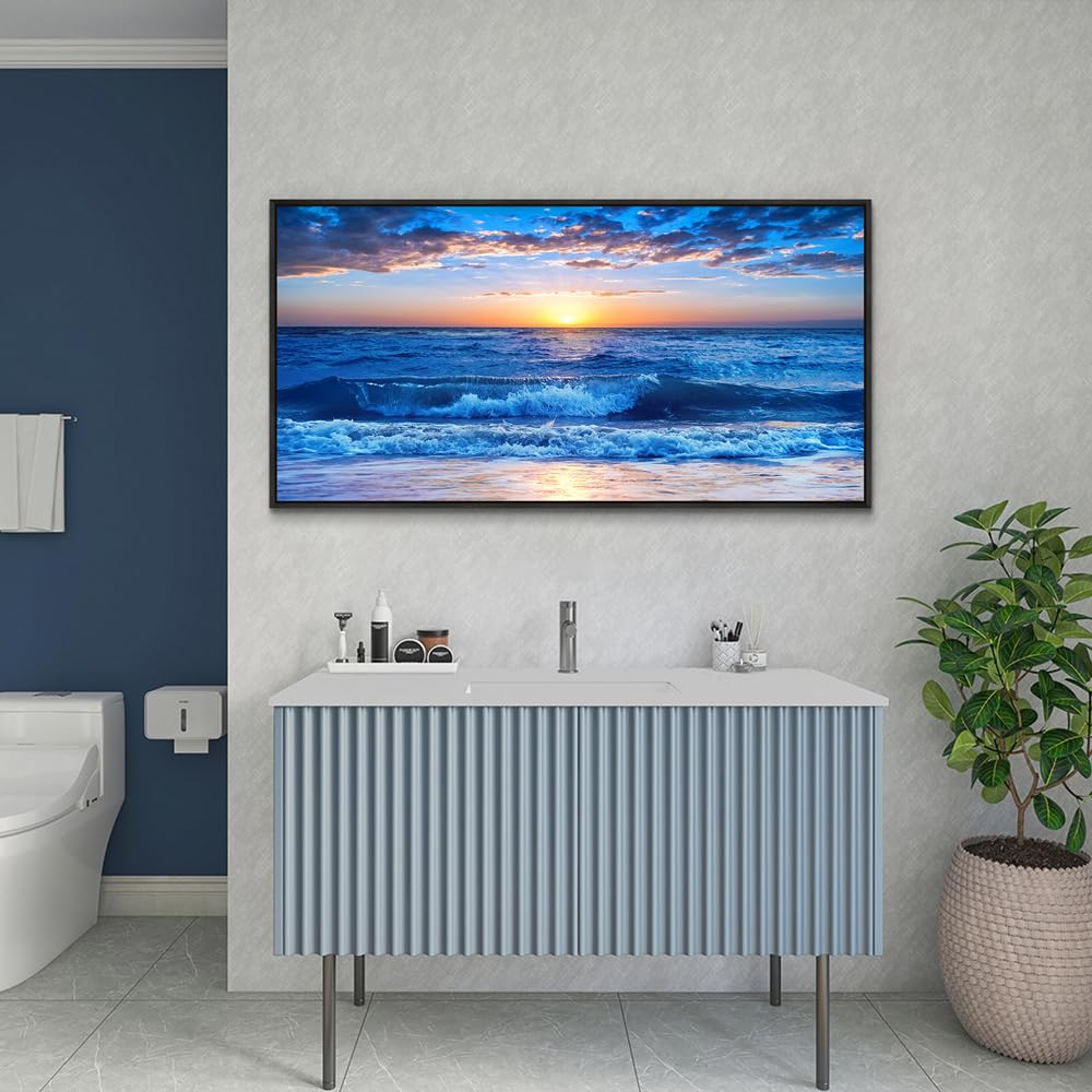 Wapluam Canvas Wall Art - Large Blue Ocean Beach Wall Painting for Living Room, Bedroom, Office - Framed