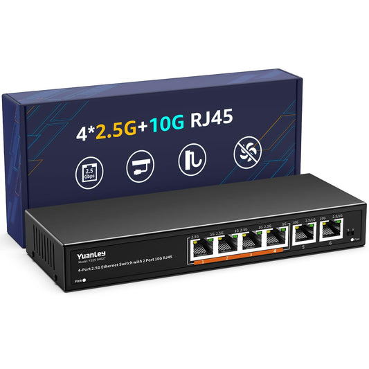 10Gb Ethernet Switch Unmanaged with 2 x 10Gbe RJ45 Ports, 4 x 2.5G Base-T Ports, Plug and Play, VLAN, Wall Mount, YuanLey 6-Port 10 Gigabit Network Switch with Metal Case Fanless