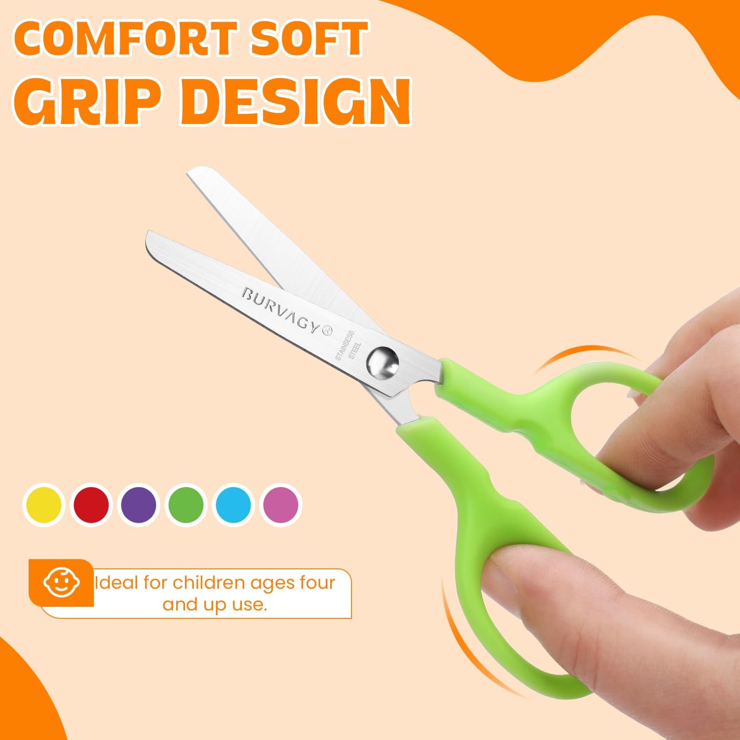 BURVAGY 180Pack 5" Small School Student Blunt Kids Craft Scissors, Sharp Stainless Steel Blades Safety Toddler Kid Child Comfort Grip Scissors Bulk for Children Cutting Paper