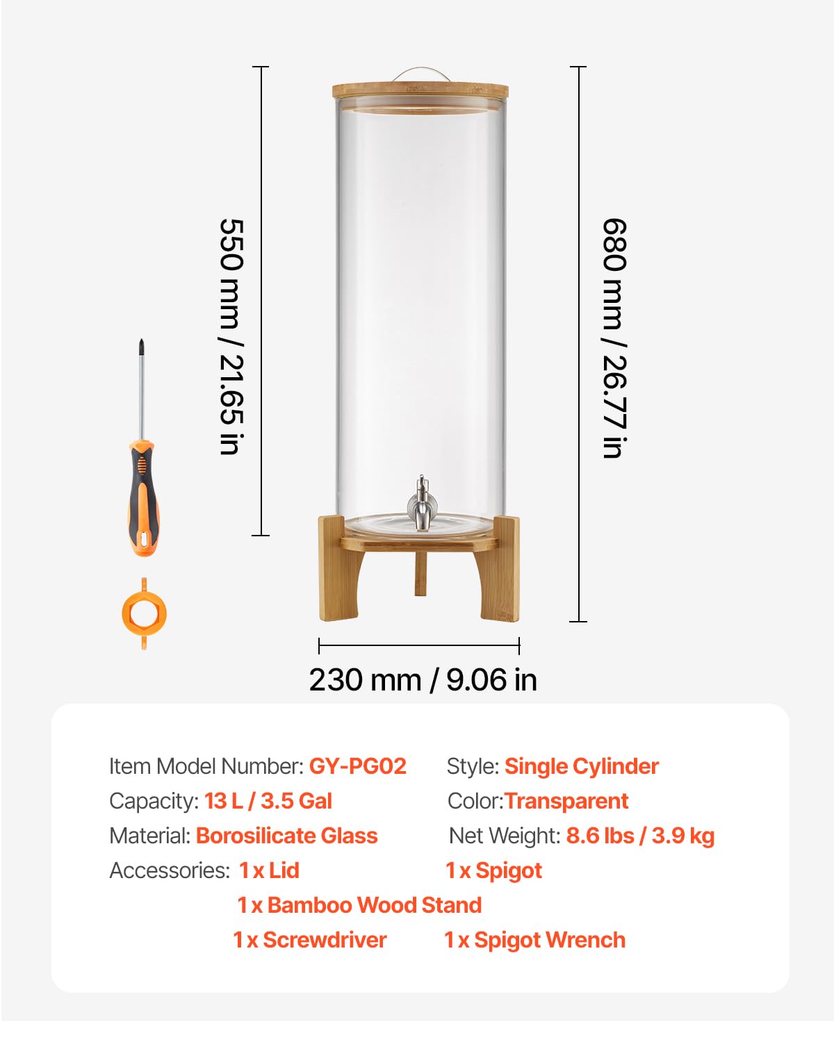 VEVOR Beverage Dispenser, 3.5 Gallon Drink Dispensers for Parties, Glass Juice Dispenser with Wood Stand, Stainless Steel Spigot, Iced Tea Lemonade Juice Water Dispensers for Parties