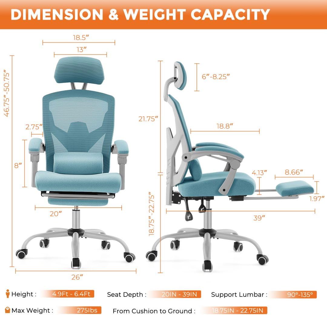 Ergonomic Office Computer Desk Chair with Lumbar Pillow and Retractable Footrest, High-Back Mesh Rolling Swivel Armchairs for Home, Gaming, Student, Blue