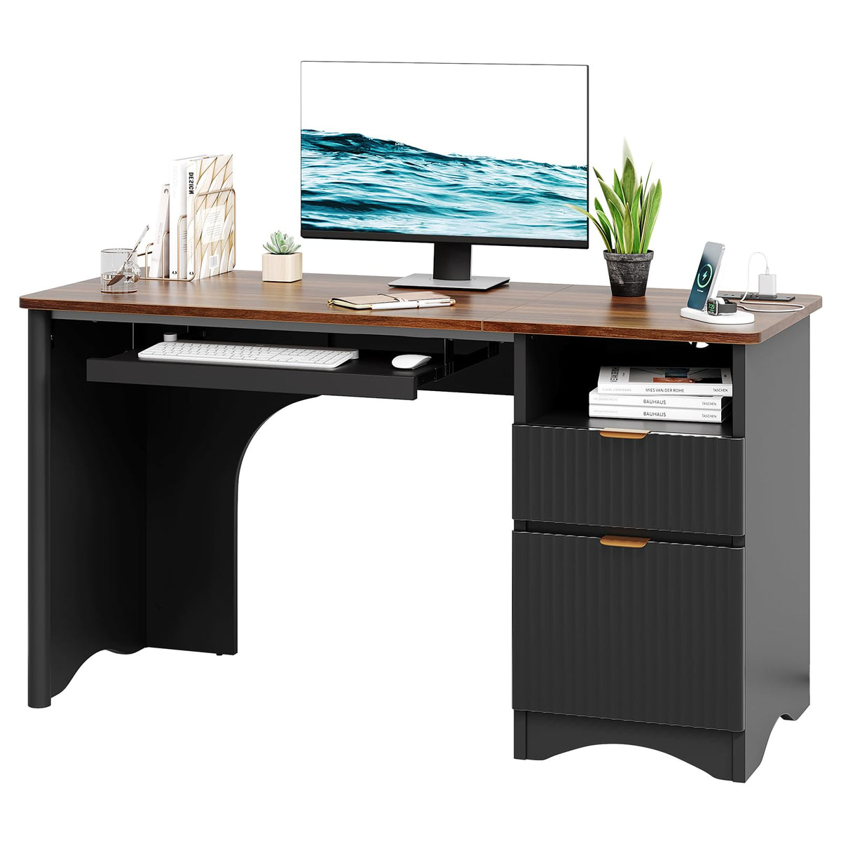 Bestier Computer Desk with Keyboard Tray, 55 inch Office Desk with Power Outlet, Modern Home Office Desk with File Drawer (Walnut with Black, 55" W with Single-Sided Drawers)