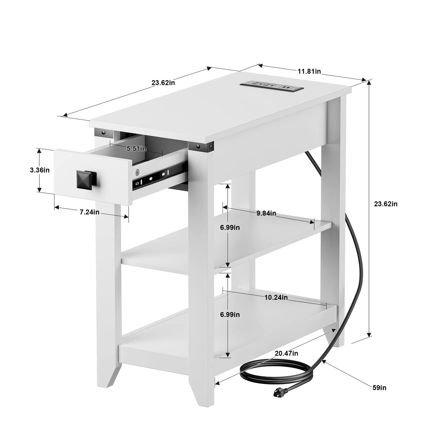 HOSEOKA Narrow End Table with Charging Station, Side Table with USB Ports and Outlets, Nightstand for Small Spaces, Slim Sofa Side Table with Storage Drawer for Living Room, Bedroom, White