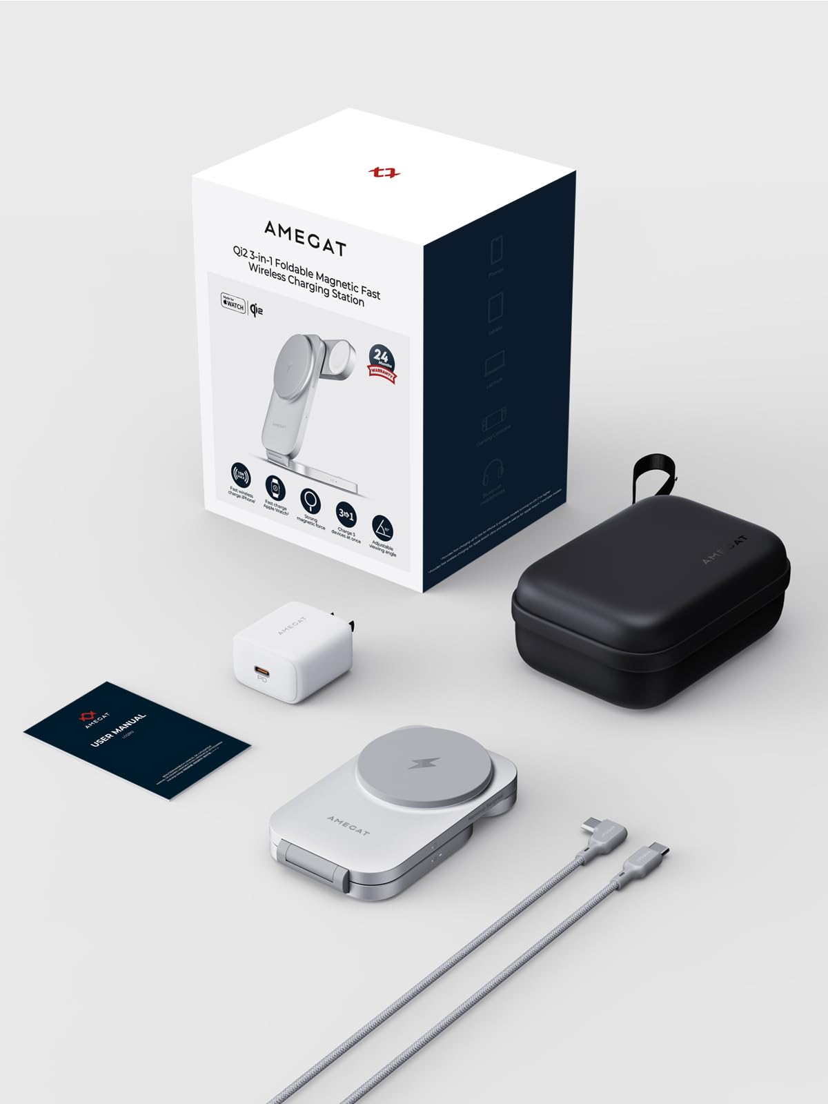 AMEGAT MagFusion Z 3-in-1 Charging Station Compatible with MagSafe, 15W Wireless Charger Foldable Qi2 Certified, Magnetic Charger for iPhone 17/16/15/14/13/12, AirPods 4/3/2/Pro, Apple Watch, Silver