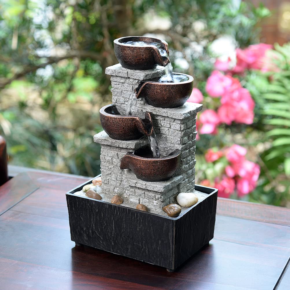 Kalona 4-Tier Indoor Waterfall Tabletop Fountain with LED Lights and Natural Rocks, Cascading Bowl Desk Fountain for Home and Office Decoration, Relaxing Water Feature (21132B)