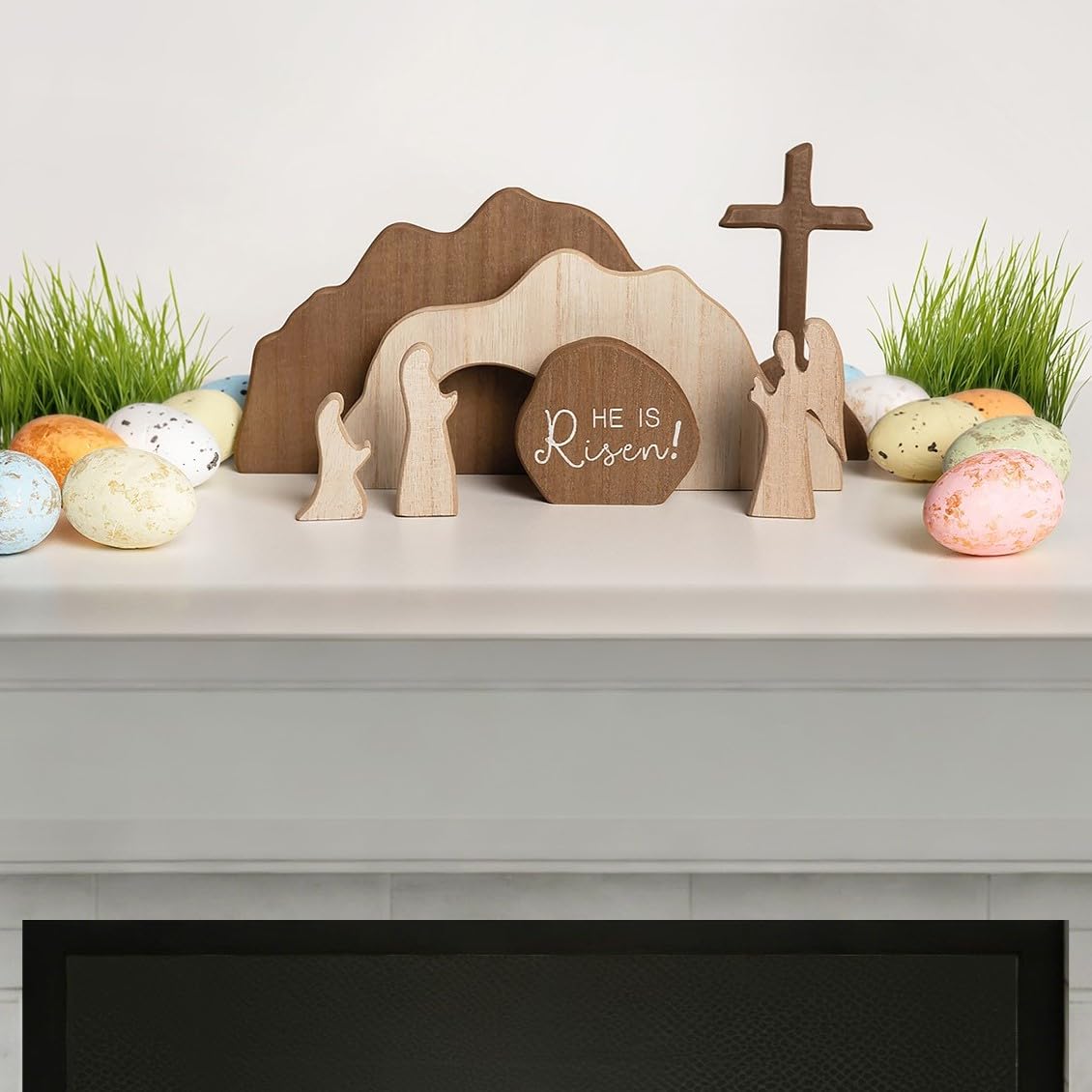 【He is Risen】Empty Tomb Scene Spring Easter Decorations, Jesus Nativity Resurrection Figurines Set With Wooden Cross For Home, Office, Table, Shelf, Mantle Decor – Christian Catholic Religious Gifts