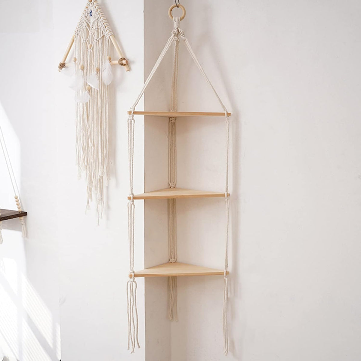 WKHOKI Hanging Shelf with Natural Wood, 3-Tier Rope Shelf | Handmade Boho Wall Decor for Floating Display, Ideal for Plants, Photos & Storage in Bathroom, Bedroom, Living Room & Nursery