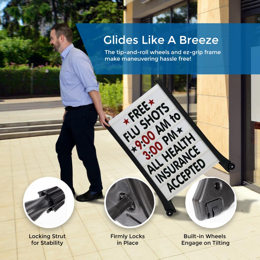 SmartSign 24"x36" Changeable Message Board Sidewalk Sign, Standard Portable A-Frame Sign & Letter Kit for Outdoor, Business, Large Black Standing Frame with Wheels, USA-Made