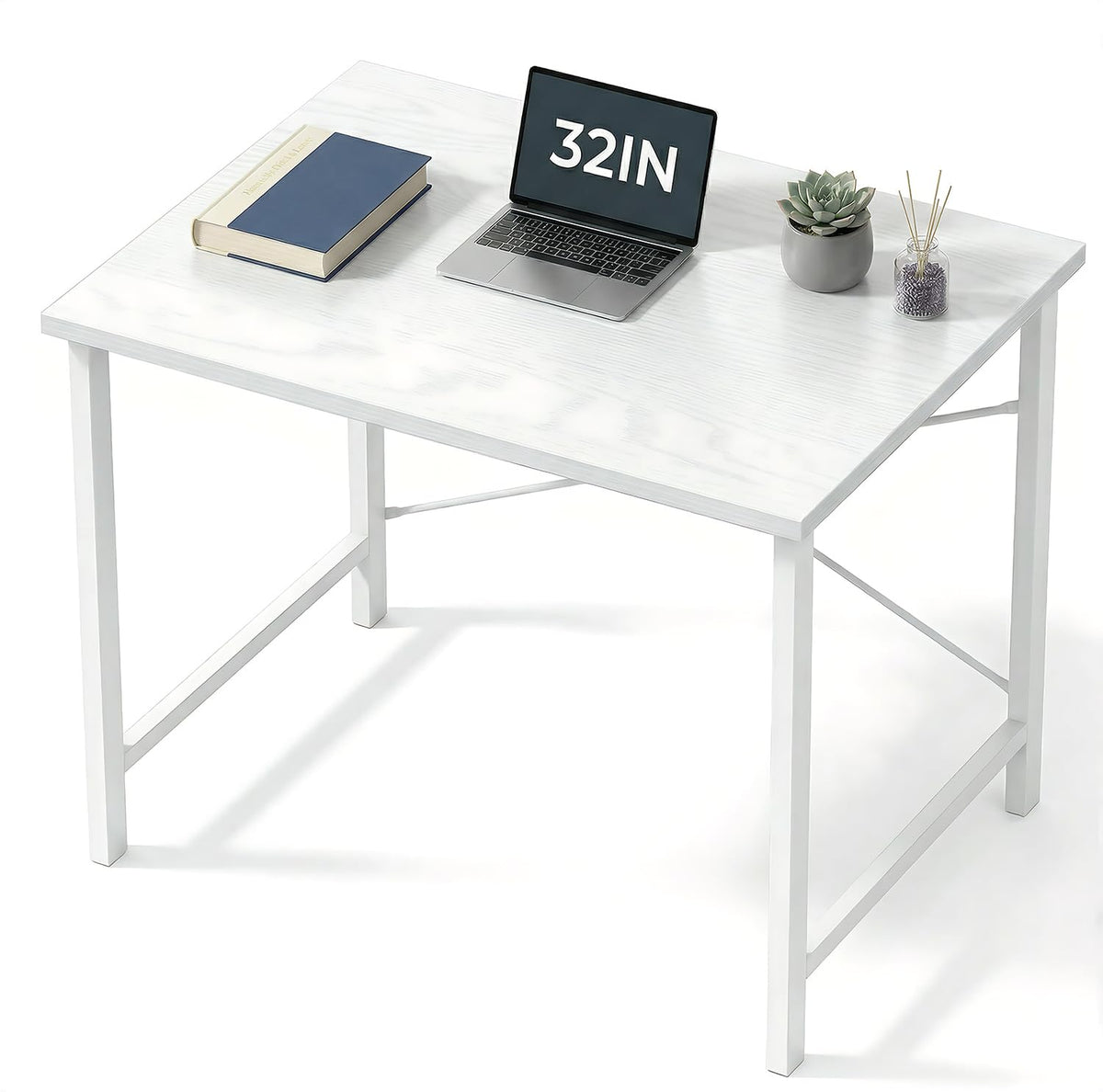 Sweetcrispy Computer Desk, Small Office 32 Inch Writing Work Study Student Teacher Home Bedroom Table with Metal Frame Wood Tabletop - White