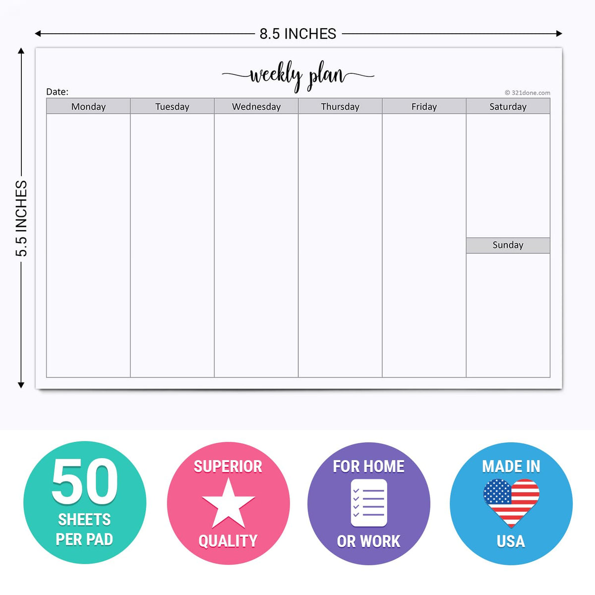 321Done Weekly Planning Notepad Landscape - 50 Sheets (8.5" x 5.5") - Horizontal Weekly Days of Week Paper Note Pad, Planner Organizing - Made in USA - Simple Script