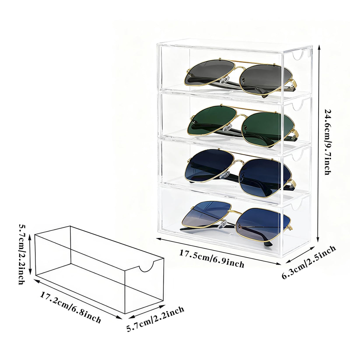 chunhai 2 Pack Sunglasses Organizer, Acrylic Eyeglass Case Clear Eyeglass Holder Eyewear Display Case with 4 Drawers for Women and Men, Jewelry Watch Storage