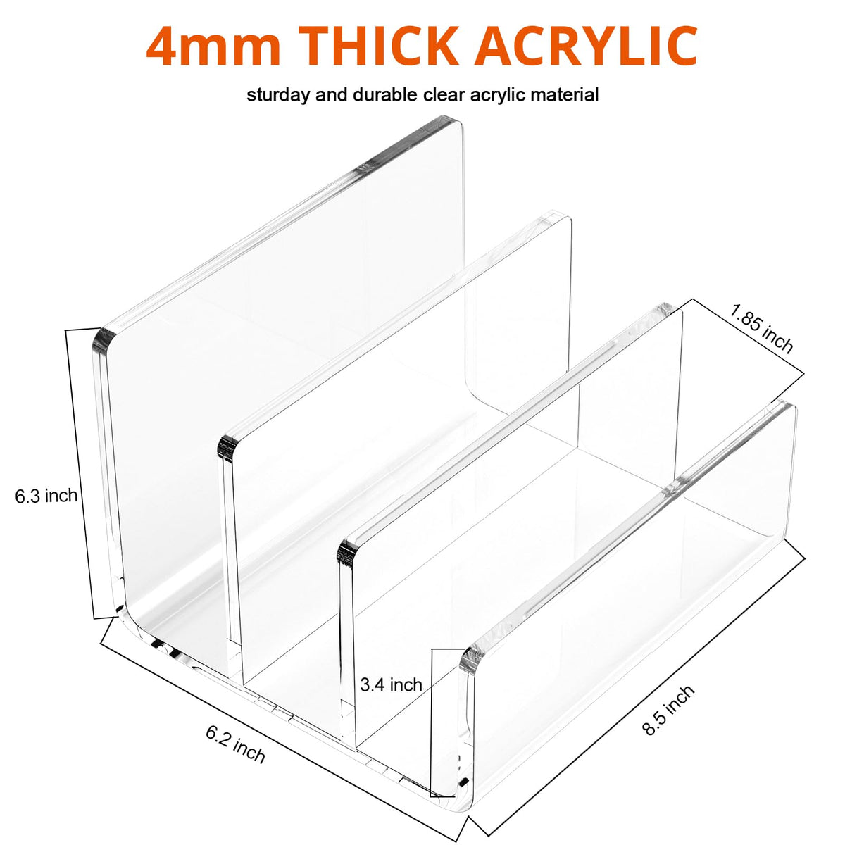 Richboom Acrylic File Sorter, 8.5"x6.3"x6.2", Upright File Organizer for Desk, Mail Organizer Countertop, File Holder for Letter, Document, Notebook, Clear, 3 Sections