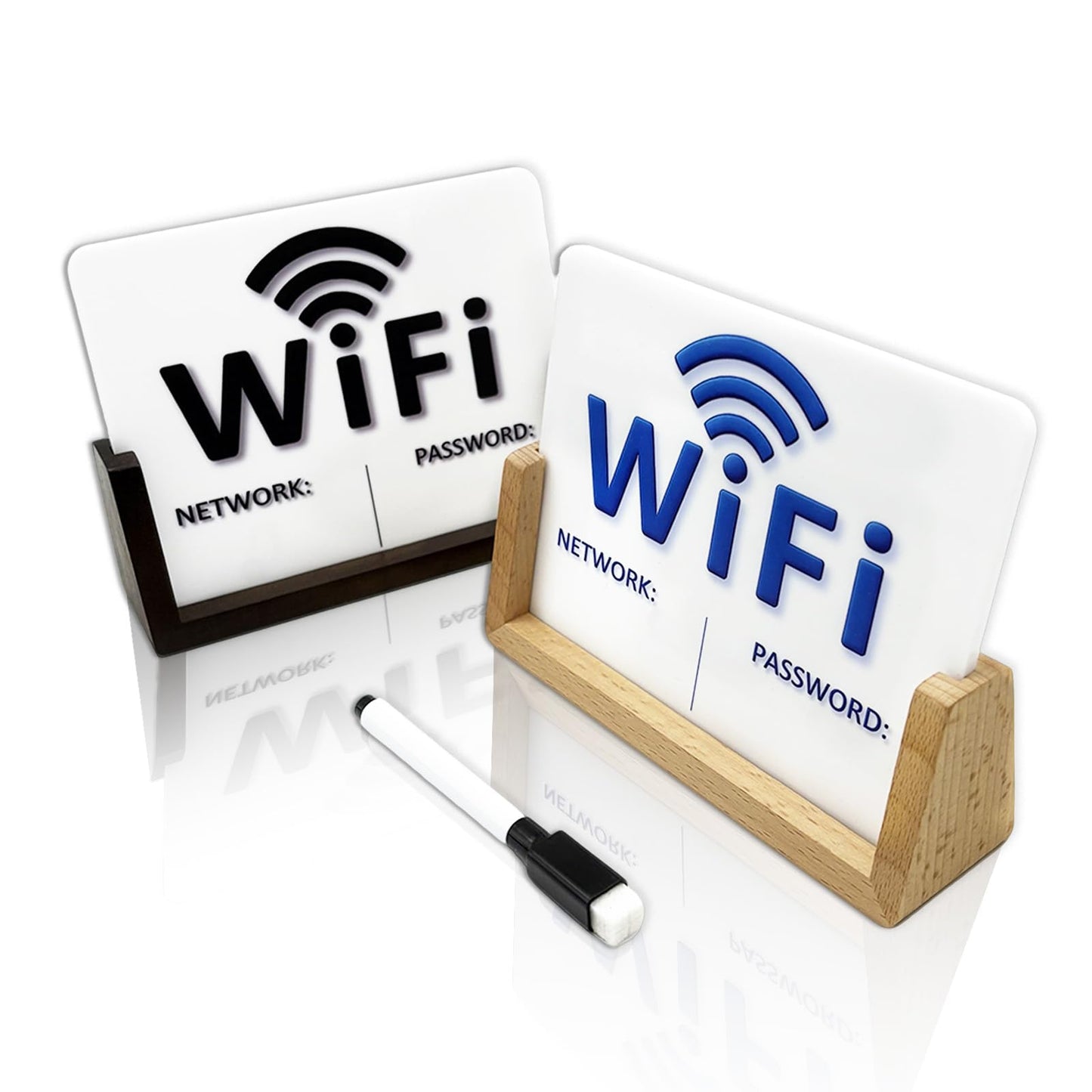 2 Pack Wifi Signs for Guests - Blue & Black Font Wifi Sign with Wooden Base - Custom Wifi Password Sign for Home, Office, Cafe, with 1 Sponge Erasable Marker Pen (6.4" x 4.8")