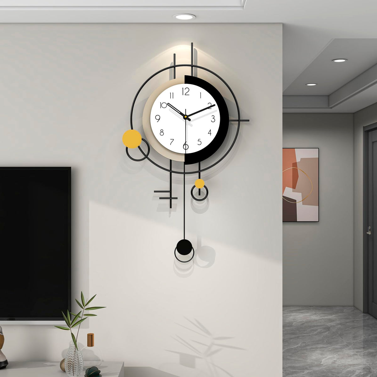 FLEBLE Large Wall Clock Decorative Modern Clock with Pendulum Silent Non-Ticking Battery Operated Black Metal Clock Wall for Living Room Kitchen Bedroom Office Home Decor, 15.7x27.6inch