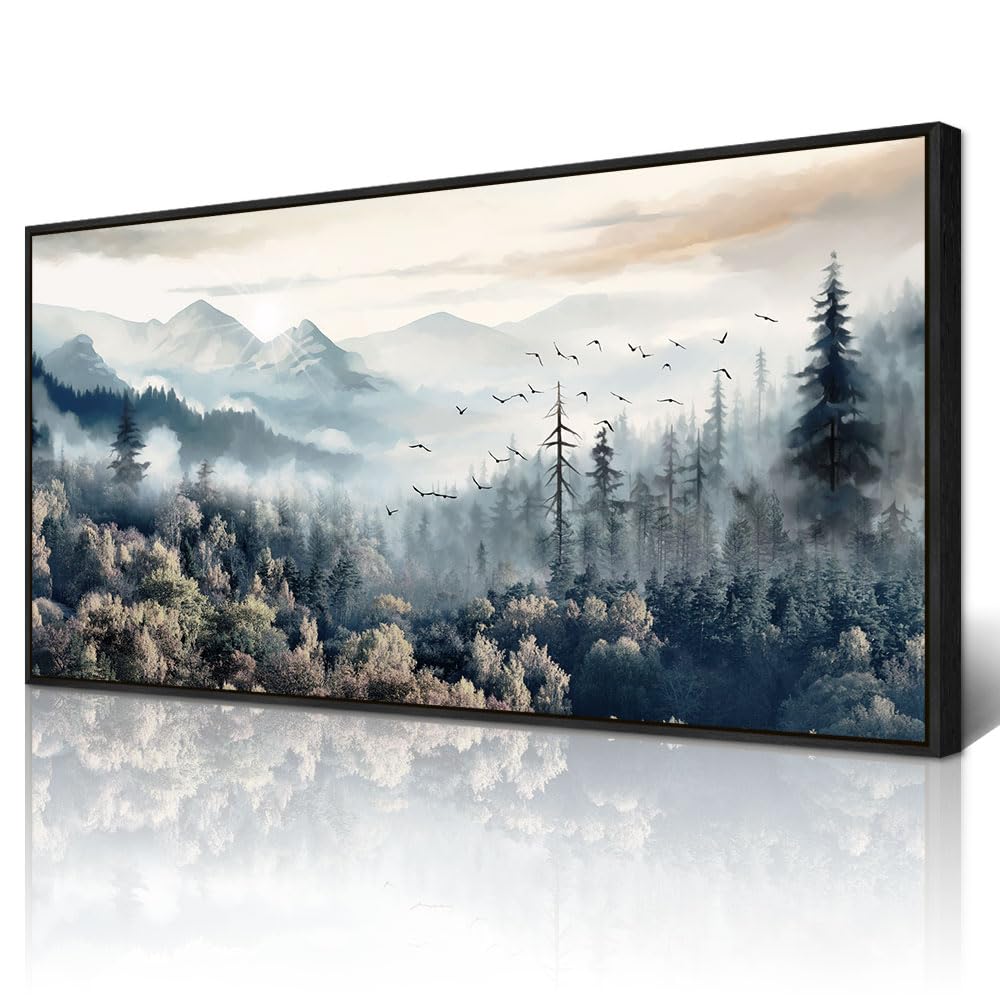 Wapluam Large Black Framed Wall Art For Living Room Abstract Canvas Wall Decoration For Office Fog Forest Landscape Wall Paintings Stretched and Framed Pictures Artwork Modern Bedroom Home Decor