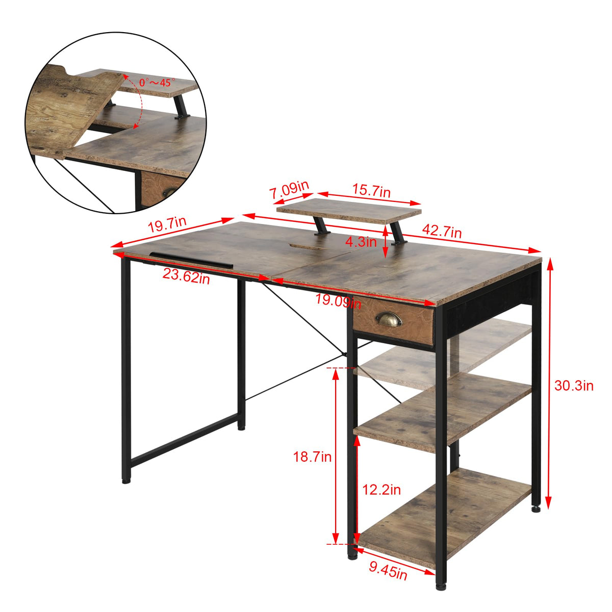 X-cosrack Drafting Table with Storage Shelves & Drawer, 43" Adjustable Art Desk with Monitor Stand for Home Office Computer, Tiltable Draft Drawing Table for Artist, Study, Writing Workstation