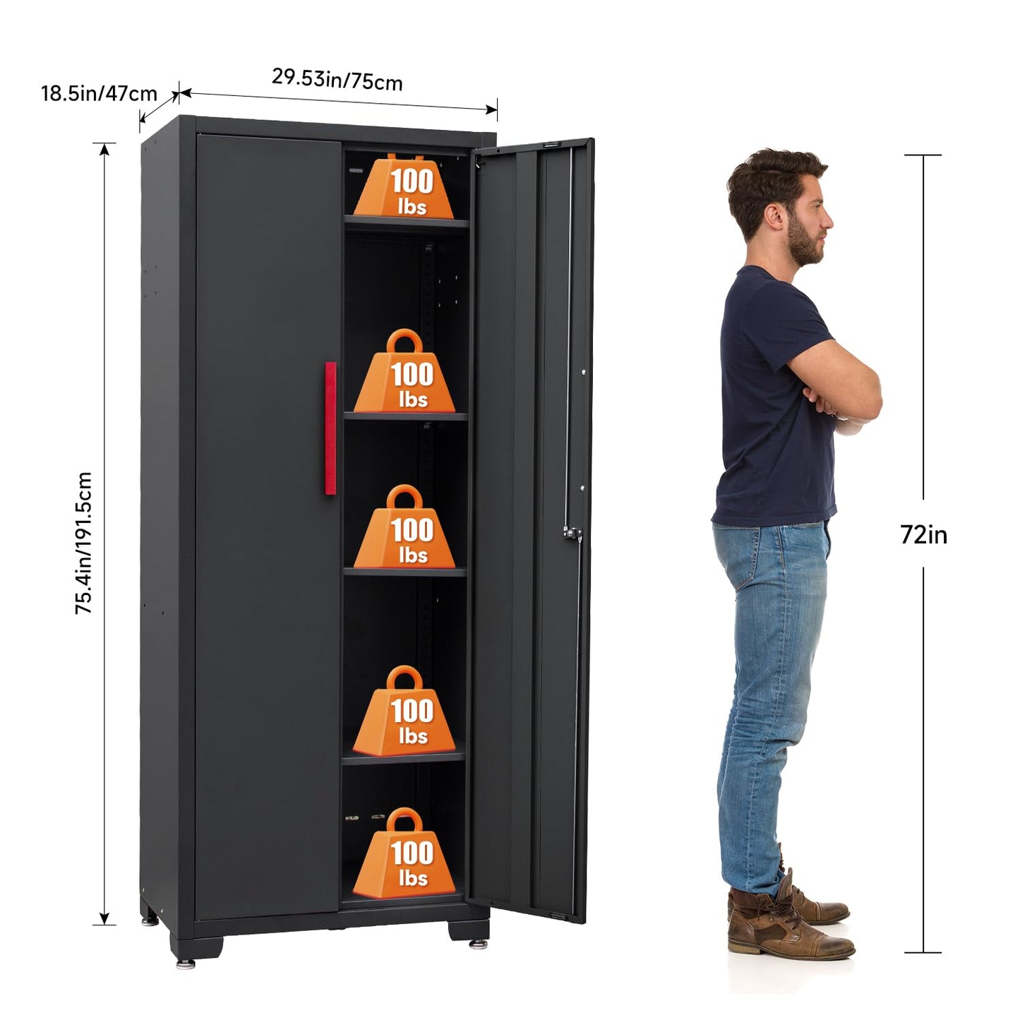 HPDMC Metal Garage Storage Cabinet with 4 Adjustable Shelves and Locking Doors 75-inch Tall Tool Organizer Steel Lockers for Home, Office, Warehouse, Garage, Red (Assembly Required)