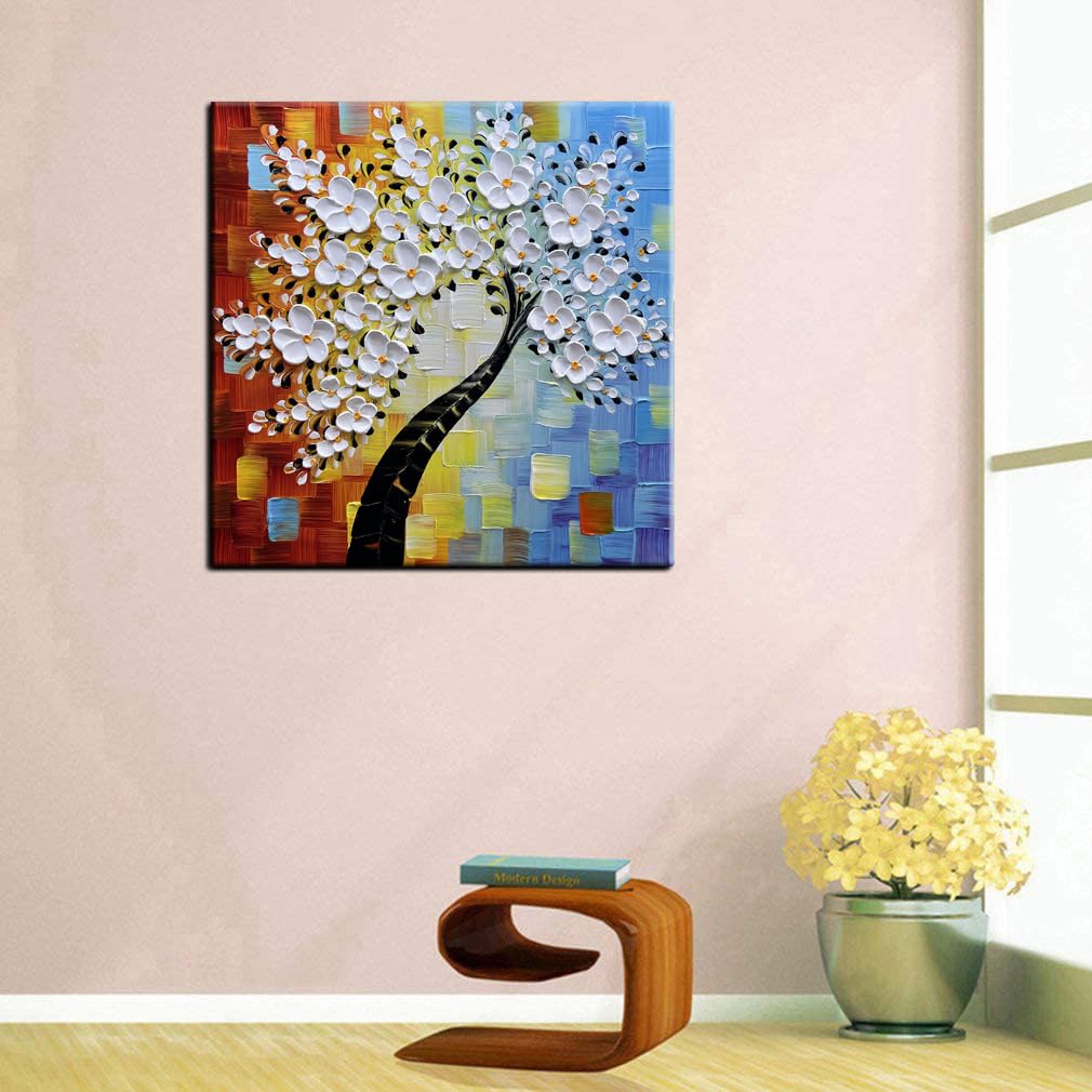 YaSheng Art - 24x24inch Wall Art,Hand Painted oil painting, Modern Abstract Floral Oil Painting, Dining Room Wall Decor, Bedroom Wall Decor, 3D Textured Framed White Floral Paintings, Modern Home Office Wall Decor