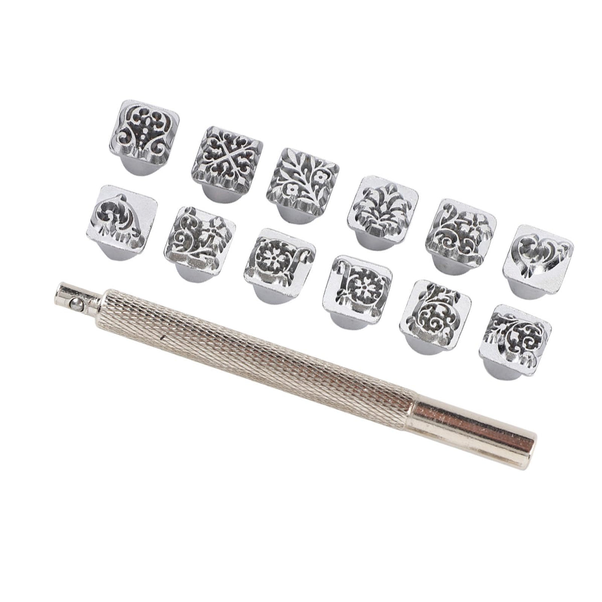 12PCS Leather Stamping Tools, 12 Patterns Zinc Alloy Leather Craft Stamps Punch Set Tool, Flower Design Leather Stamper for Leather Craft DIY Jewelry Marking