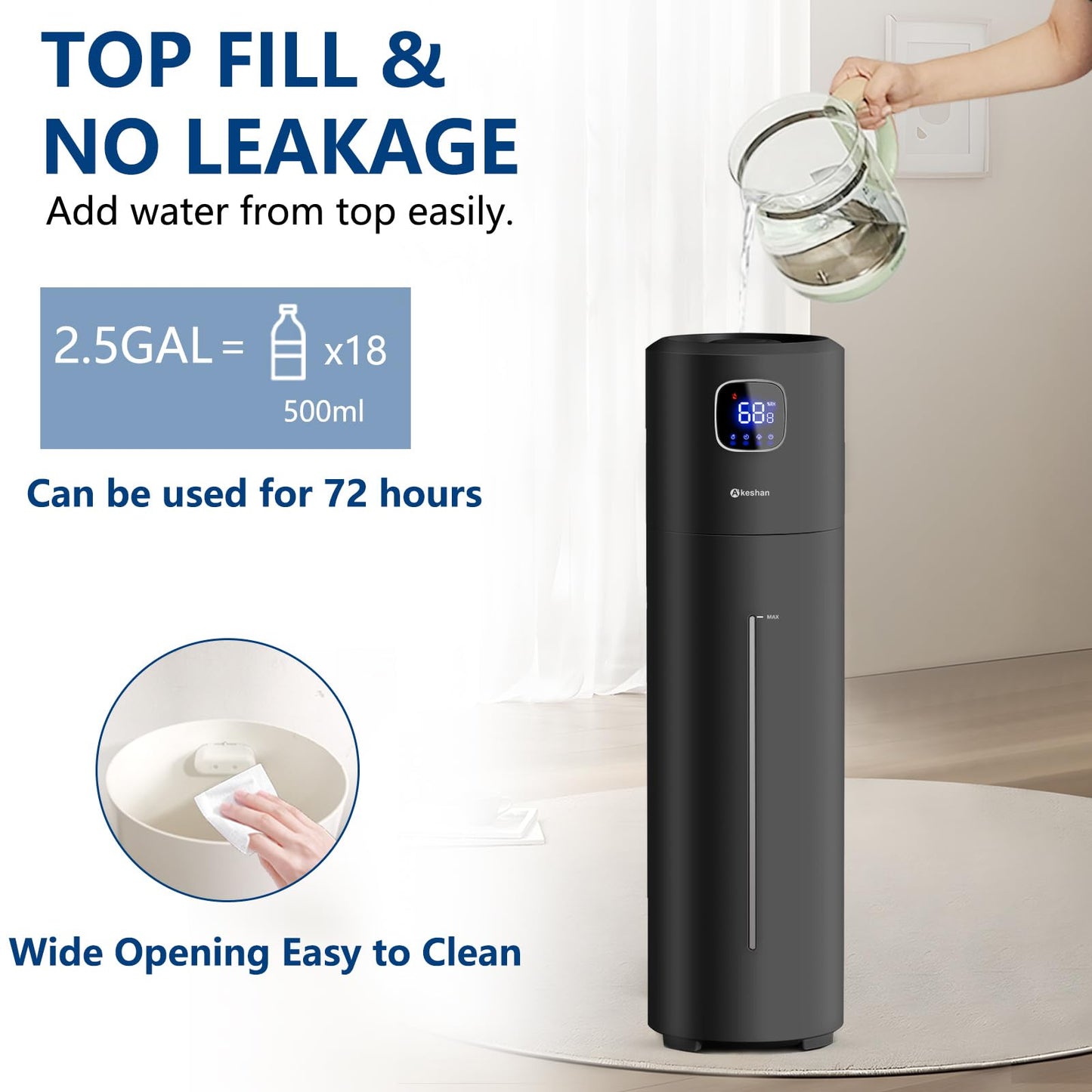 Akeshan Large Humidifiers for Bedroom, 9L/2.5Gal Ultrasonic Cool Mist, Top Fill Easy Clean with 350ML/H Mist Speed, Quiet, Suitable for Kids Room Plant Yoga Office Study Room Living (Black, Round)