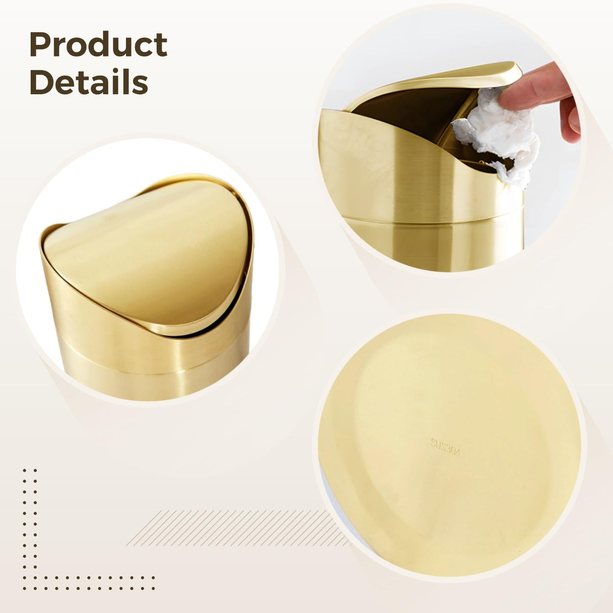 DORMIYA Mini Gold Trash Can, Stainless Steel Desktop Garbage Bin with Swing Lid, Small Countertop Waste Basket for Bathroom Office Car Kitchen, Portable Table Trash Container with Removable Cover