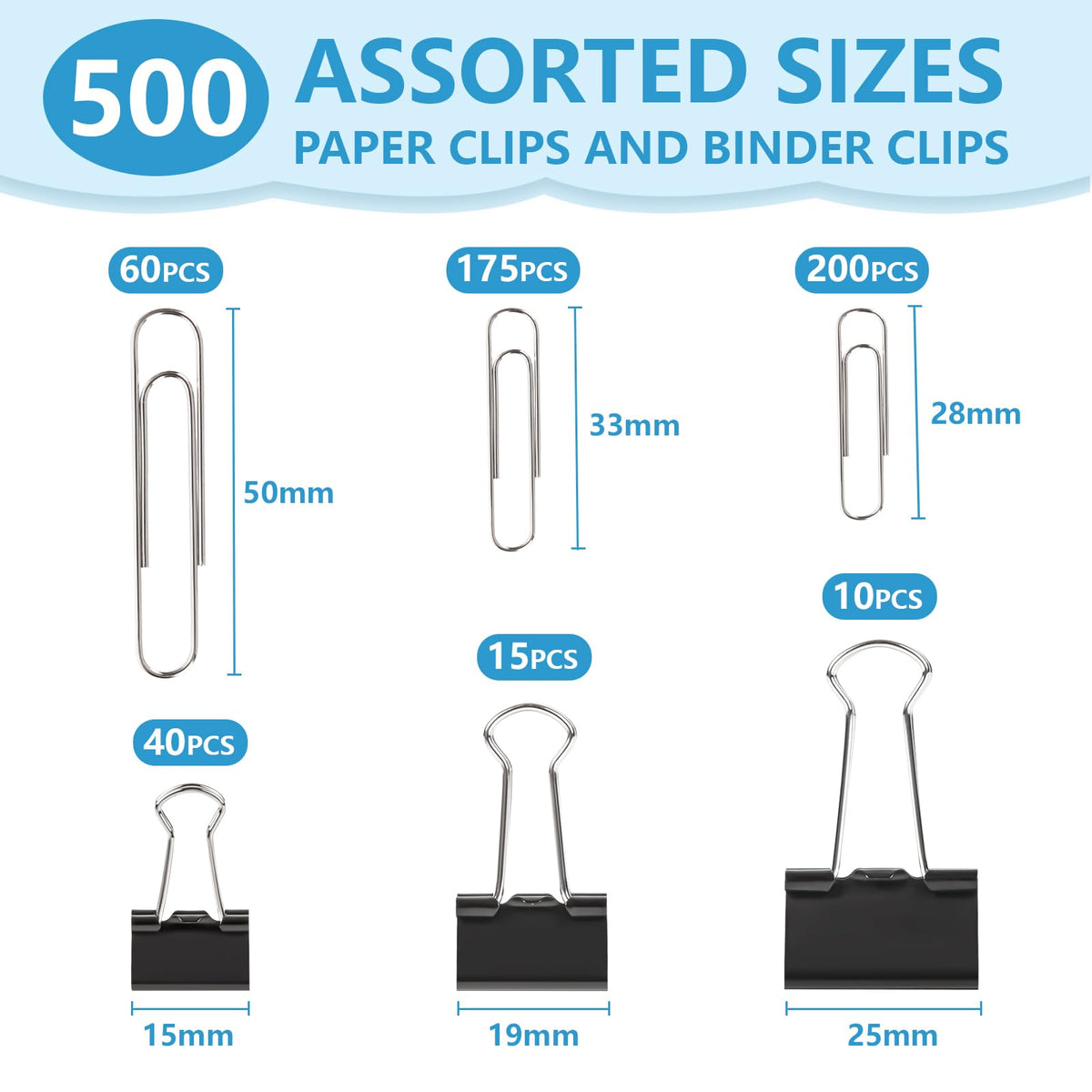 500PCS Paper Clips and Binder Clips Assorted Sizes,3 Sizes in One Pack, Large, Medium, Small,Silver PaperClips & Black Binder Clips for Home, School, Office Supplies