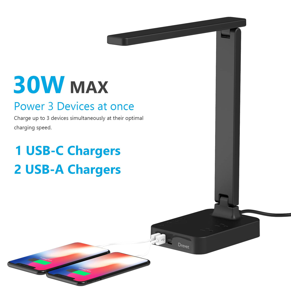 Drevet LED Desk lamp with USB C Charging Port, Table Light with 3 USB Charger and 2 AC Power Outlet, 3 Color Model, 3 Level Brightness, Touch Control, Memory Function, Eye-Caring Office Foldable Lamp