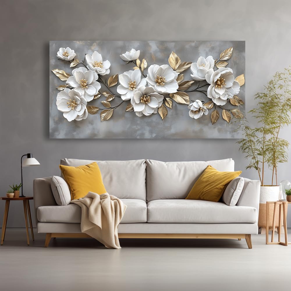 LAVIKARS Modern Gray Flowers Wall Art for Living Room Office White and Golden Floral Landscape Canvas Painting Prints Large Delicate Petals Artwork Kitchen Home Bedroom Decor (16x30 Inches)