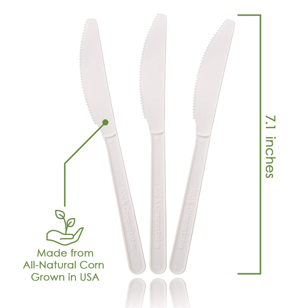 Ecovita 100% Compostable Knives - 500 Large Disposable Utensils (7 in.) Bulk Size Eco Friendly Durable and Heat Resistant Alternative to Plastic Knives with Convenient Tray