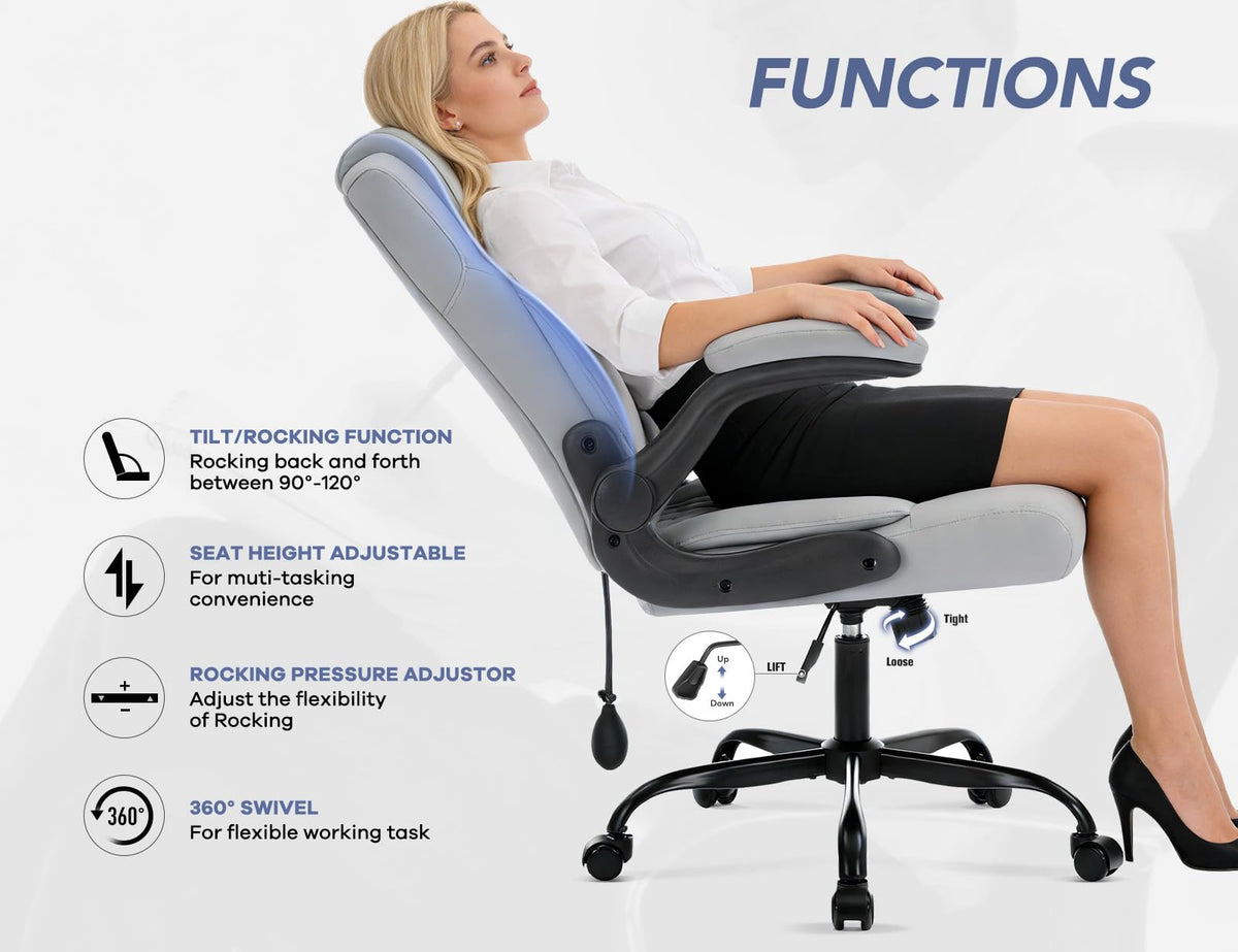 Office Chair with Adjustable Inflatable Lumbar Support,Leather Ergonomic Computer Desk Chair with Flip-up Arms,Adjustable Tilt Lock,Swivel Rolling Executive PC Chair for Work,Study,Meeting.Grey