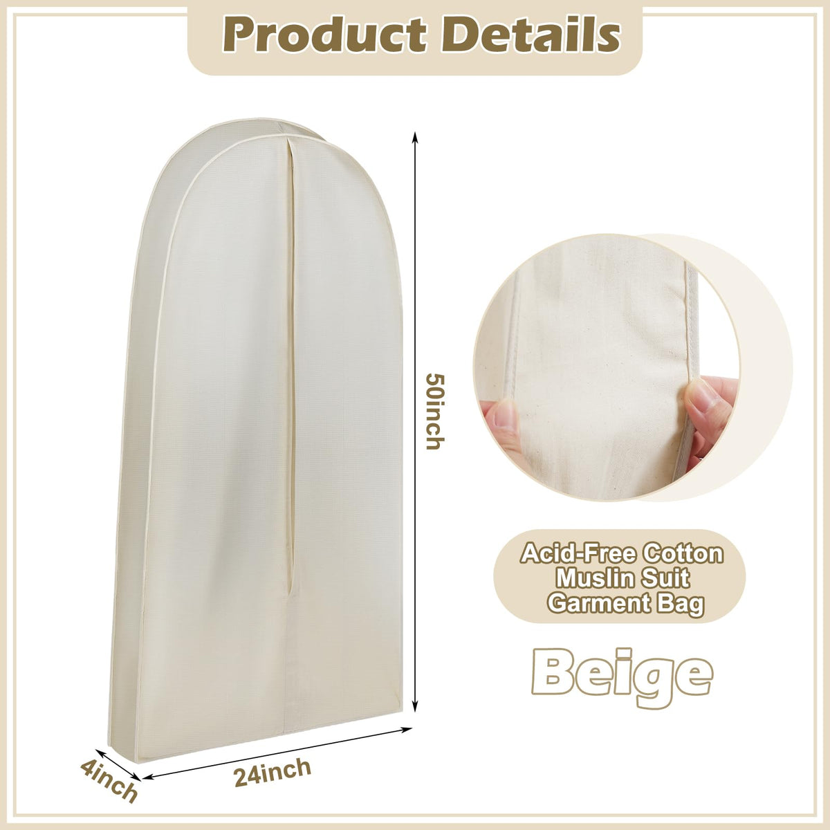 GliCraft 50 Inch Acid Free Cotton Muslin Suit Garment Bag Long Dress Suit Storage Box Closet Organizer for Suits, Coats, Travel Bag