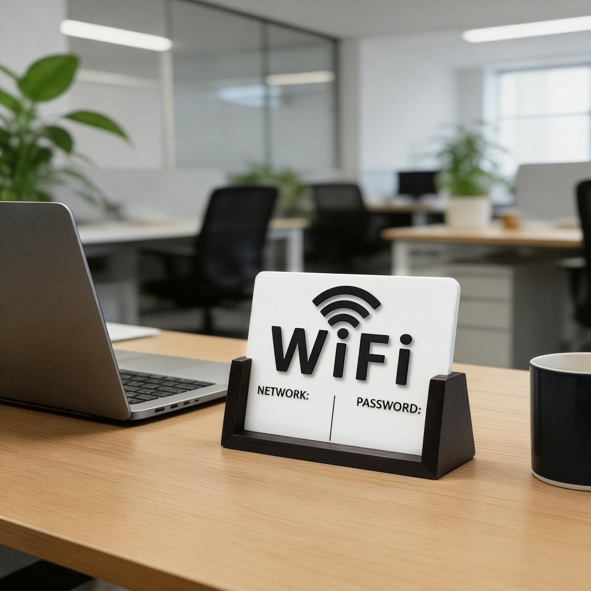 2 Pack Wifi Signs for Guests - Blue & Black Font Wifi Sign with Wooden Base - Custom Wifi Password Sign for Home, Office, Cafe, with 1 Sponge Erasable Marker Pen (6.4" x 4.8")